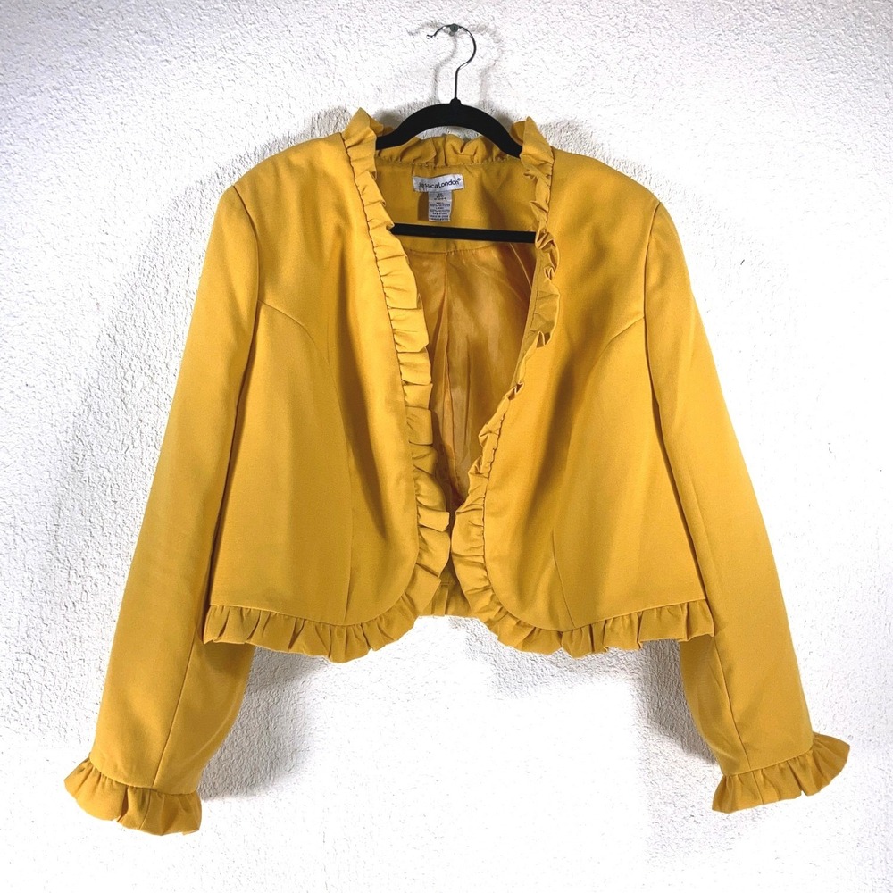 Jessica London Vintage Mustard Yellow Ruffle Trim Cropped Blazer Jacket Plus 22